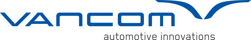 Logo des Unternehmens Vancom Automotive Innovations. Der Schriftzug "VANCOM" ist in dunkelblauen Großbuchstaben gestaltet. Rechts darüber befindet sich ein geschwungenes, ebenfalls dunkelblaues Symbol. darunter steht in grauer Schrift "automotive innovations"
