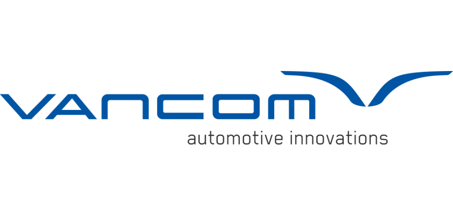 Logo des Unternehmens Vancom Automotive Innovations. Der Schriftzug "VANCOM" ist in dunkelblauen Großbuchstaben gestaltet. Rechts darüber befindet sich ein geschwungenes, ebenfalls dunkelblaues Symbol. darunter steht in grauer Schrift "automotive innovations"