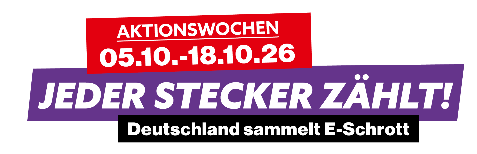 Grafik zu den Aktionswochen "Jeder Stecker zählt" vom 5. bis 18. Oktober 2026. Unter dem Motto "Deutschland sammelt E-Schrott" wird zur Sammlung und richtigen Entsorgung von Elektroaltgeräten aufgerufen.