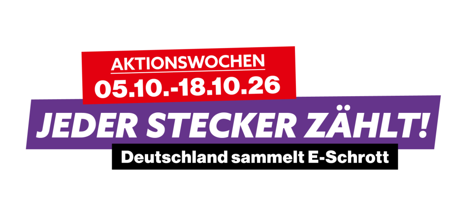 Jeder Stecker zählt: Während der bundesweiten Aktionswochen vom 5. bis 18. Oktober steht die richtige Rückgabe ausgedienter Elektrogeräte im Mittelpunkt. Quelle: stiftung elektro-altgeräte register, Nürnberg Grafik zu den Aktionswochen "Jeder Stecker zählt" vom 5. bis 18. Oktober 2026. Unter dem Motto "Deutschland sammelt E-Schrott" wird zur Sammlung und richtigen Entsorgung von Elektroaltgeräten aufgerufen.