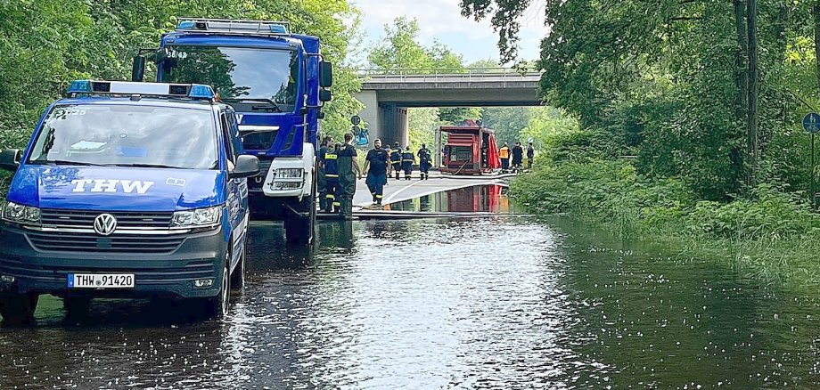 Das Foto zeigt Überschwemmungen im Umfeld der Stadt Wörth an Pfingsten 2024. Foto: Mike Schönlaub Einsatzkräfte von THW und Feuerwehr stehen mit mehreren Fahrzeugen auf einer überfluteten Straße unter einer Brücke. Das Wasser bedeckt einen großen Teil der Fahrbahn.