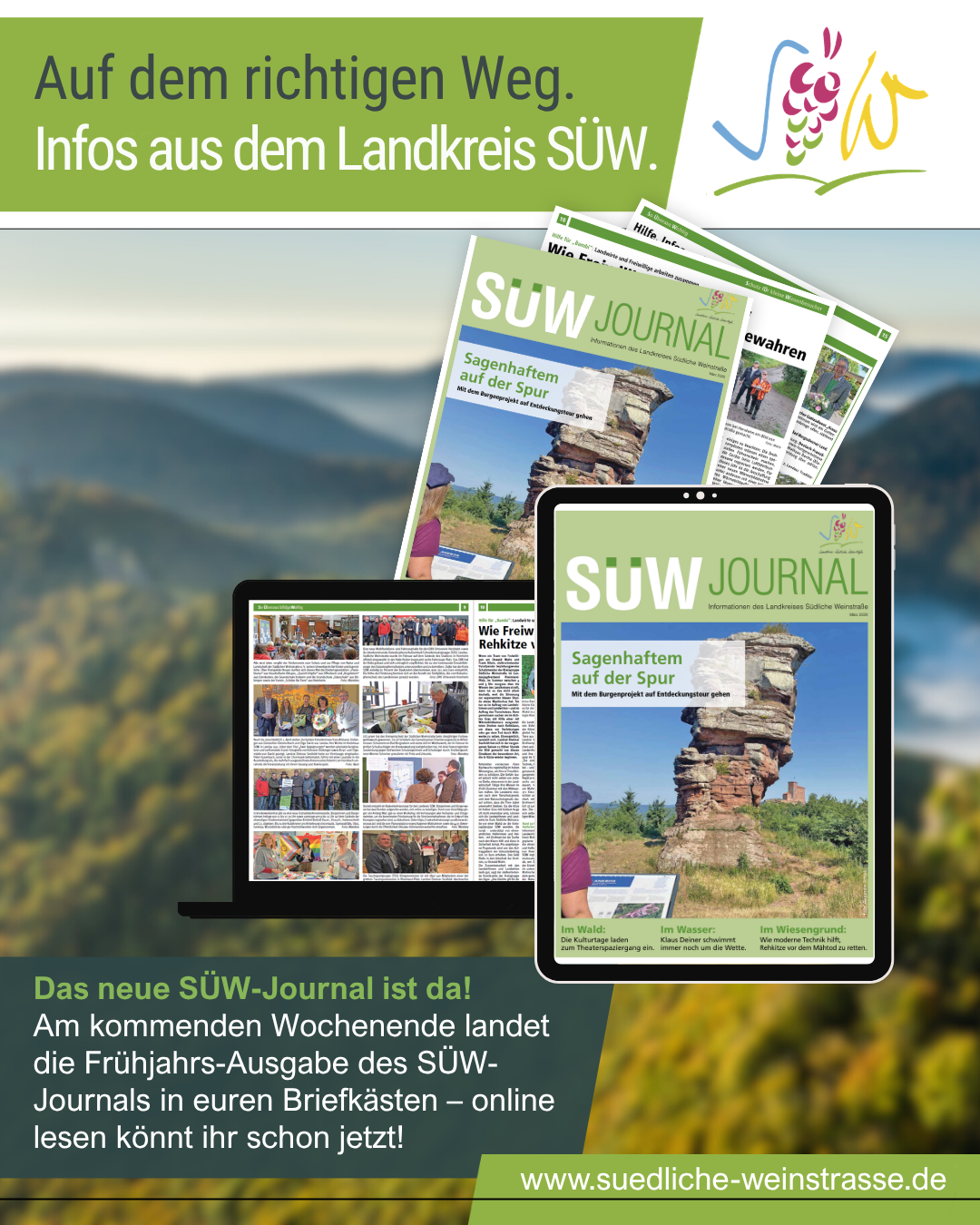 SÜW-Journal 1/2026 - 1 Collage mit Ansichten der Titelseite des Journals auf Tablet, Handy und PC.