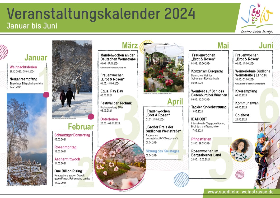 Veranstaltungskalender 2024, Januar bis Juni. Grafik: KV SÜW Tabellarische Übersicht