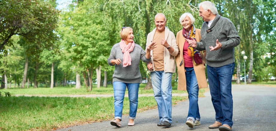 Spazieren und plaudern, darum geht’s bei den Spaziergängen. Symbolfoto: iStock/KVSÜW Gut gelaunte Gruppe von Senioren in einem grünen Park am Plaudern.