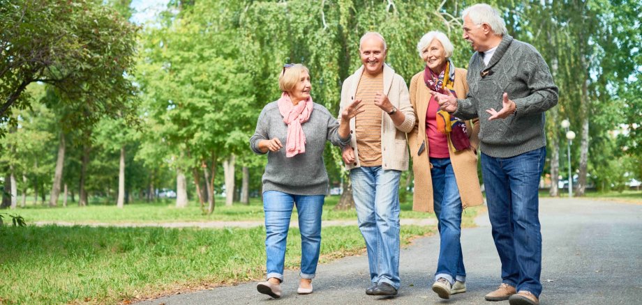 Spazieren und plaudern, darum geht’s bei den Spaziergängen. Symbolfoto: iStock/KVSÜW Gut gelaunte Gruppe von Senioren in einem grünen Park am Plaudern.