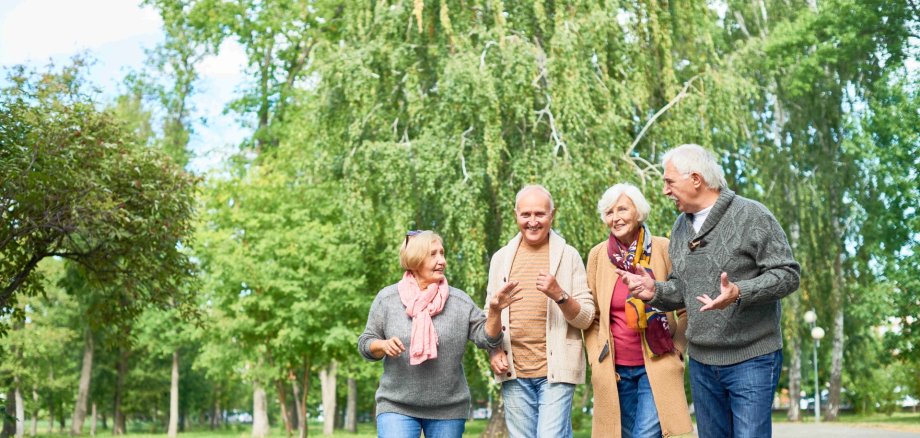 Spazieren und plaudern, darum geht’s bei den Spaziergängen. Symbolfoto: iStock/KVSÜW Gut gelaunte Gruppe von Senioren in einem grünen Park am Plaudern.