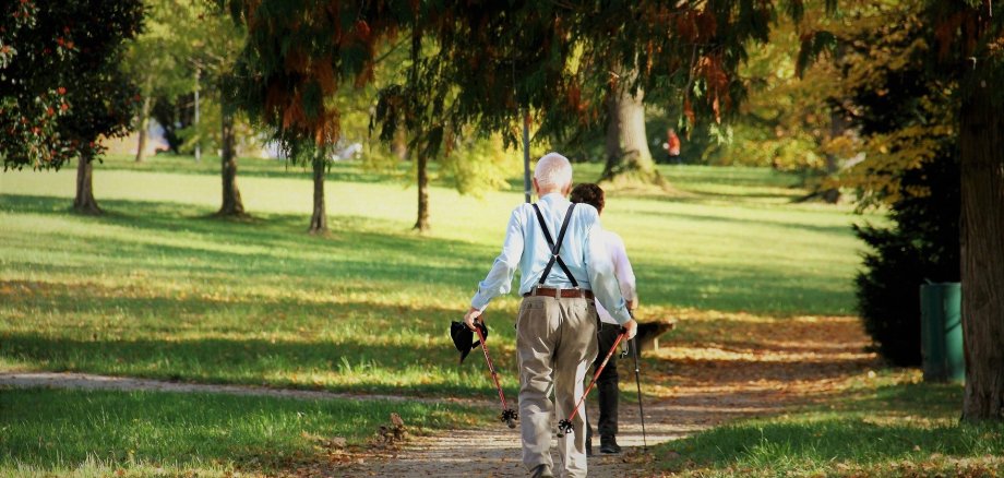 Zwei Senioren laufen mit Wanderstöcken durch einen Park.