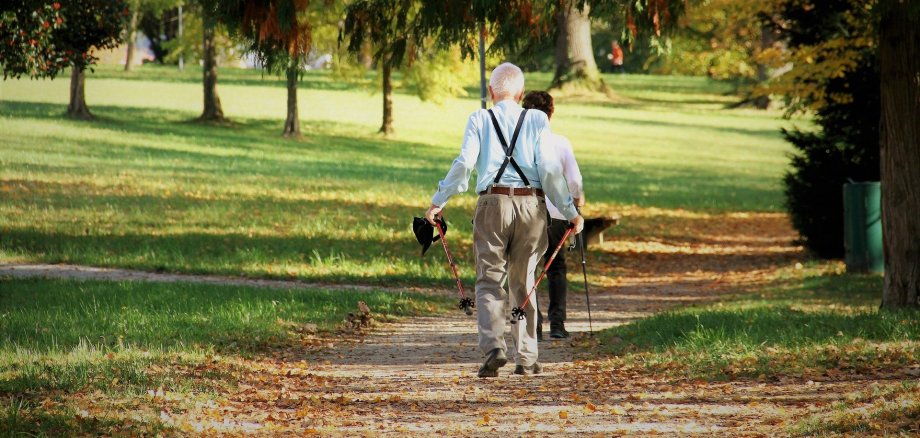 Senioren spazieren im Park. Foto: Pixabay Zwei Senioren laufen mit Wanderstöcken durch einen Park.