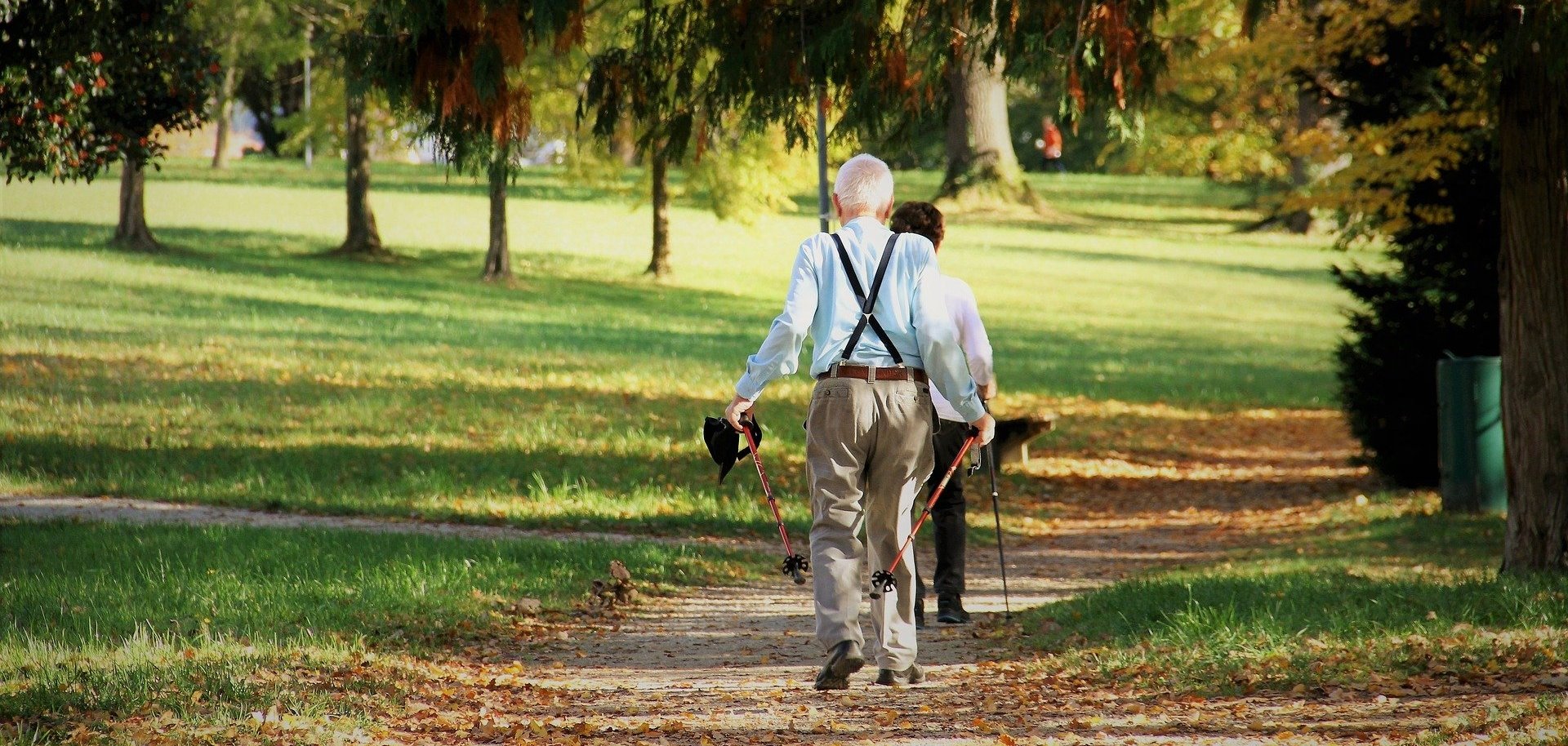 Zwei Senioren laufen mit Wanderstöcken durch einen Park.
