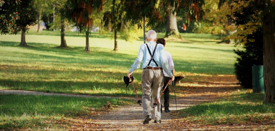 Zwei Senioren laufen mit Wanderstöcken durch einen Park.