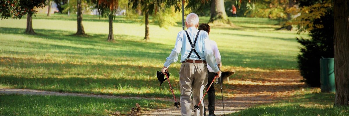 Senioren spazieren im Park. Foto: Pixabay Zwei Senioren laufen mit Wanderstöcken durch einen Park.