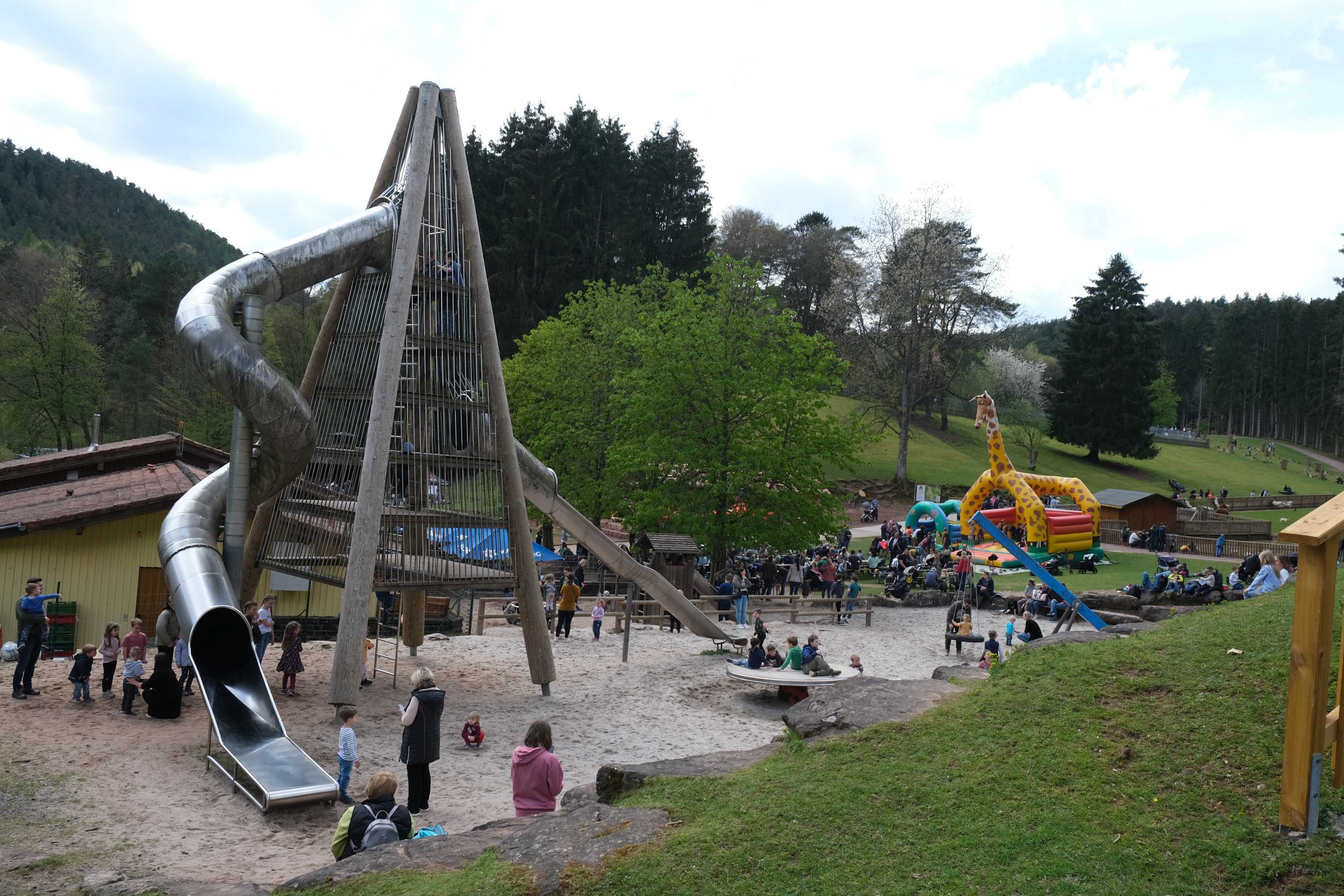 Zahlreiche Menschen tummeln sich bei der Jubiläumsfeier zum 50-jährigen Bestehen des Wild- und Wanderparks Südliche Weinstraße auf dem Spielplatz und an einer Hüpfburg.