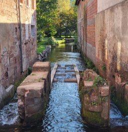 Blick auf einen Fluss zwischen zwei Häsuern, im Wasser Betonblöcke, die Stufen bilden.