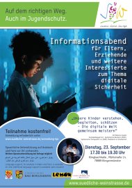 Ein Plakat zum Informationsabend "Digitale Sicherheit". Zentrales Motiv ist ein Junge, der auf ein Tablet schaut, das er in Händen hält. Die Veranstaltung ist am 23. September, 17.30 Uhr bis 19.30 Uhr in der Klingbachhalle in Klingenmünster.