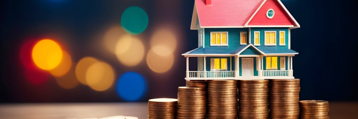 Ein Modell eines Hauses steht auf einem Stapel Münzen. Im Hintergrund sind unscharfe farbige Lichtpunkte zu sehen.