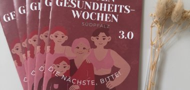 Mehrere übereinanderliegende Programmhefte zu den Frauengesundheitswochen Südpfalz 3.0. Das Cover ist weinrot und zeigt stilisierte Zeichnungen von Frauen unterschiedlichen Alters. Der Titel lautet „Frauengesundheitswochen Südpfalz 3.0 – Die nächste, bitte!“. Unten ist vermerkt „2025 – September bis November“. Rechts neben den Heften liegt ein kleines Sträußchen getrockneter Gräser.