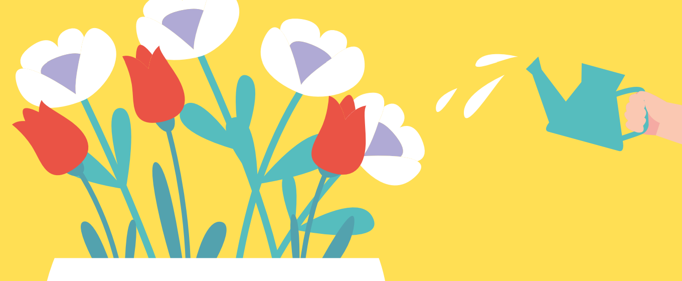 Flyer "Brot und Rosen" 2026, Deckblatt. Grafische Illustration auf gelbem Hintergrund: In einem weißen Blumenkasten wachsen stilisierte Blumen mit roten und weißen Blüten und grünen Blättern. Rechts gießt eine Hand mit einer türkisen Gießkanne Wasser auf die Pflanzen.