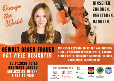 Veranstaltungsplakat zum Thema "Gewalt gegen Frauen hat viele Gesichter" am 25. November 2026 im Alten Kaufhaus in Landau. Links ist die Politikwissenschaftlerin und Autorin Kristina Lunz abgebildet, rechts sind künstlerisch gestaltete Frauengesichter zu sehen.