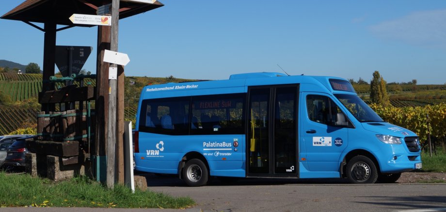 Ein blauer Kleinbus steht an einer Straßenkreuzung im ländlichen Raum. Im Hintergrund sind unter blauem Himmel Weinberge zu sehen. Auf einer digitalen Anzeigetafel im Bus ist "Flexline SÜW" zu lesen. Der Bus selbst trägt die Aufschriften "Verkehrsverbund Rhein-Neckar" und "PalatinaBus".