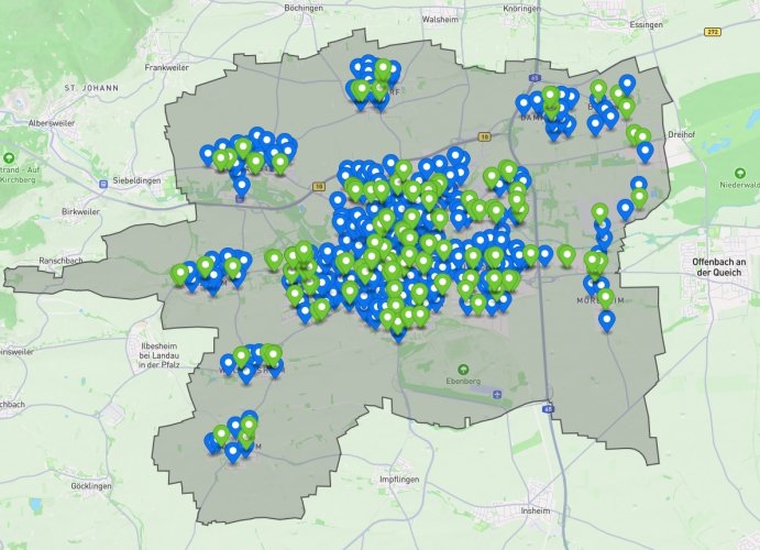 Eine Karte des Bediengebiets der VRNflexline Landau mit markierten Haltepunkten.