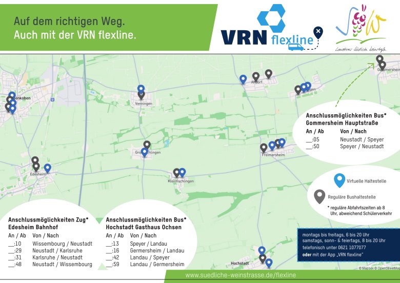Digitale Karte des Bediengebiets der VRNflexline in den Gäu-Gemeinden der Verbandsgemeinde Edenkoben im Landkreis SÜW.