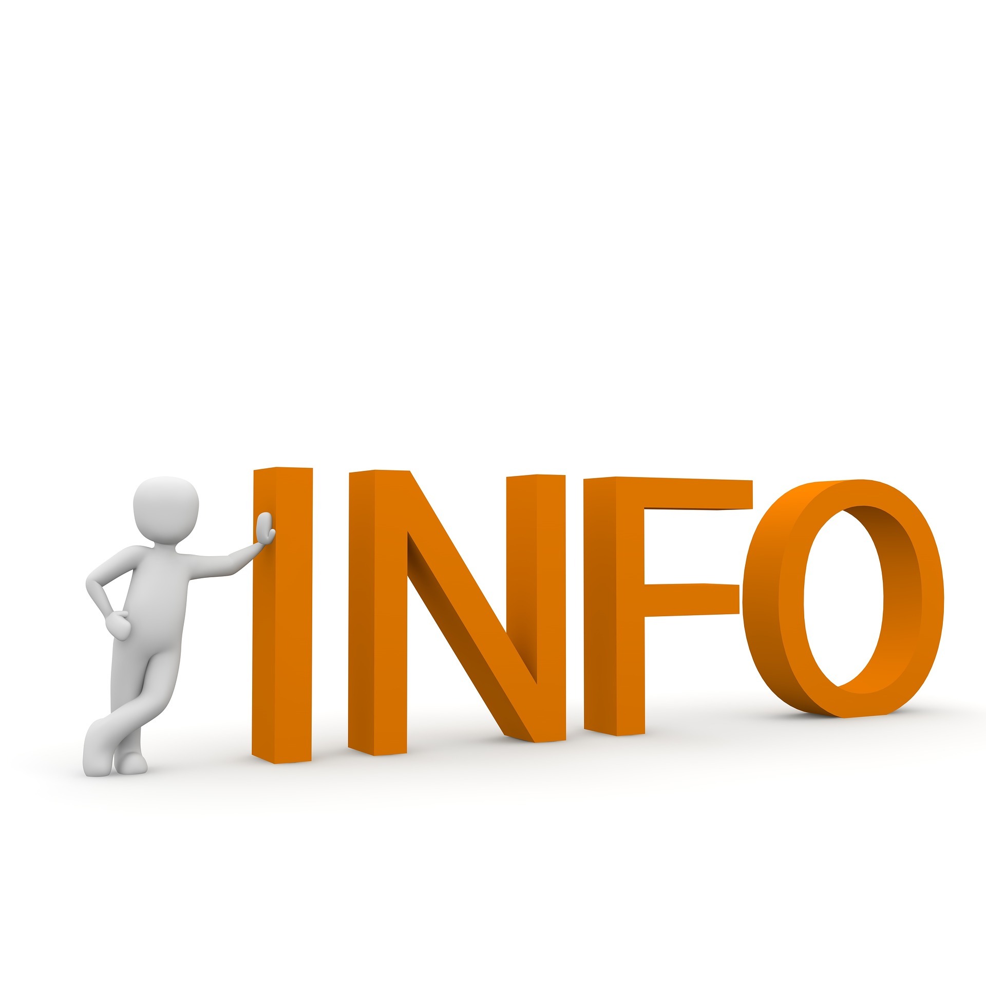Info. Foto: Pixabay Ein Strichmännchen lehnt gegen das I des Schriftzugs Info.