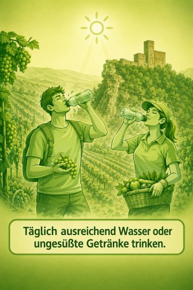 Ausreichend trinken. Grafik: KI-generiert Illustration zweier Personen in den Weinbergen der Südlichen Weinstraße vor der Burg Trifels, die Wasser aus Trinkflaschen trinken. Die Sonne scheint, Weinreben und Landschaft sind im Hintergrund zu sehen. Text: „Täglich ausreichend Wasser oder ungesüßte Getränke trinken.“