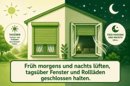 Richtig lüften. Grafik: KI-generiert Illustration eines Hauses im Tag- und Nachtvergleich. Links sind Fenster und Rollläden tagsüber geschlossen, rechts ist nachts ein geöffnetes Fenster mit Luftzug zu sehen. Sonne und Mond verdeutlichen den Unterschied. Text: „Früh morgens und nachts lüften, tagsüber Fenster und Rollläden geschlossen halten.“