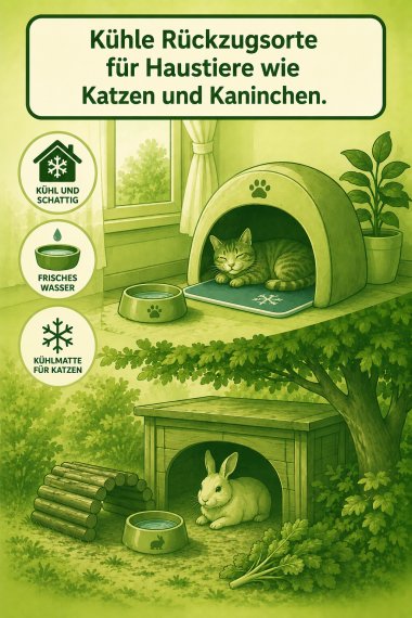 Haustieren schattige Rückzugsorte bieten. Grafik: KI-generiert Grafik mit Kaninchen und Katzen.