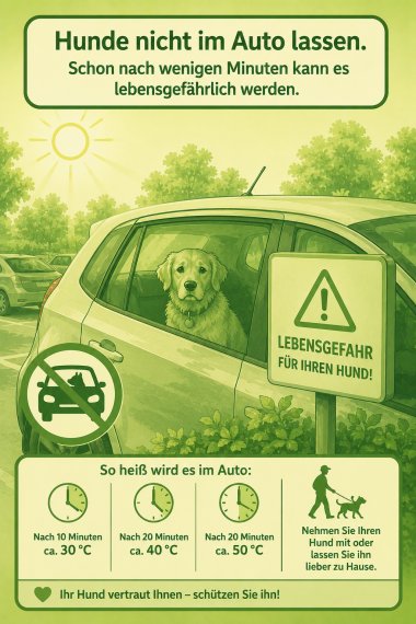Hunde nicht im Auto lassen. Grafik: KI-generiert Grafik mit Hund in einem Auto und Erläuterungen, nach wie vielen Minuten es im Auto wie viele Grad Celsius hat,