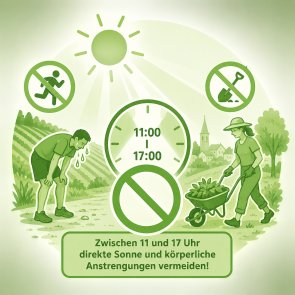 Körperliche Anstrengung vermeiden. Grafik: KI-generiert llustration mit einer Uhr (11 bis 17 Uhr), Sonne und Verbotssymbol. Links eine erschöpfte Person in der Sonne, rechts eine Person bei Gartenarbeit mit Schubkarre sowie Symbole für körperliche Anstrengung und Gartenarbeit. Text: „Zwischen 11 und 17 Uhr direkte Sonne und körperliche Anstrengungen vermeiden!“