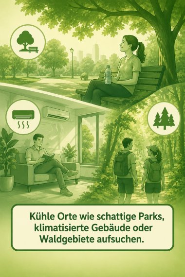 Kühle Orte aufsuchen. Grafik: KI-generiert Dreiteilige Illustration: Eine Person sitzt entspannt auf einer Parkbank im Schatten, eine weitere liest in einem klimatisierten Raum und zwei Personen spazieren durch ein Waldgebiet. Symbole verdeutlichen Park, Klimaanlage und Wald. Text: „Kühle Orte wie schattige Parks, klimatisierte Gebäude oder Waldgebiete aufsuchen.“