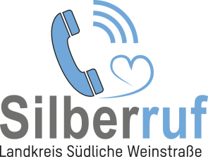 Logo Silberruf. Grafik: KV SÜW Logo des Silberrufs im Landkreis Südliche Weinstraße. Über dem Schriftzug "Silberruf" und der Unterzeile "Landkreis Südliche Weinstraße" sind ein blauer Telefonhörer, drei Funkwellen und ein stilisiertes Herz abgebildet.